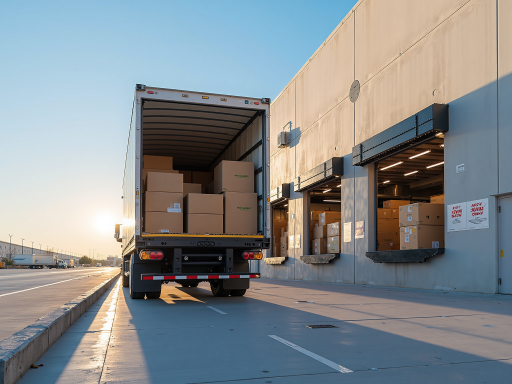 大型货运卡车正面特写，红色车身，青岛物流公司标识，现代化货运车队，蓝天白云背景